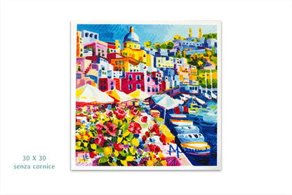 Serigrafia Un istante di bellezza a Procida con tecnica materica di Faccincani: 39 strati di colore per un effetto tridimensionale.